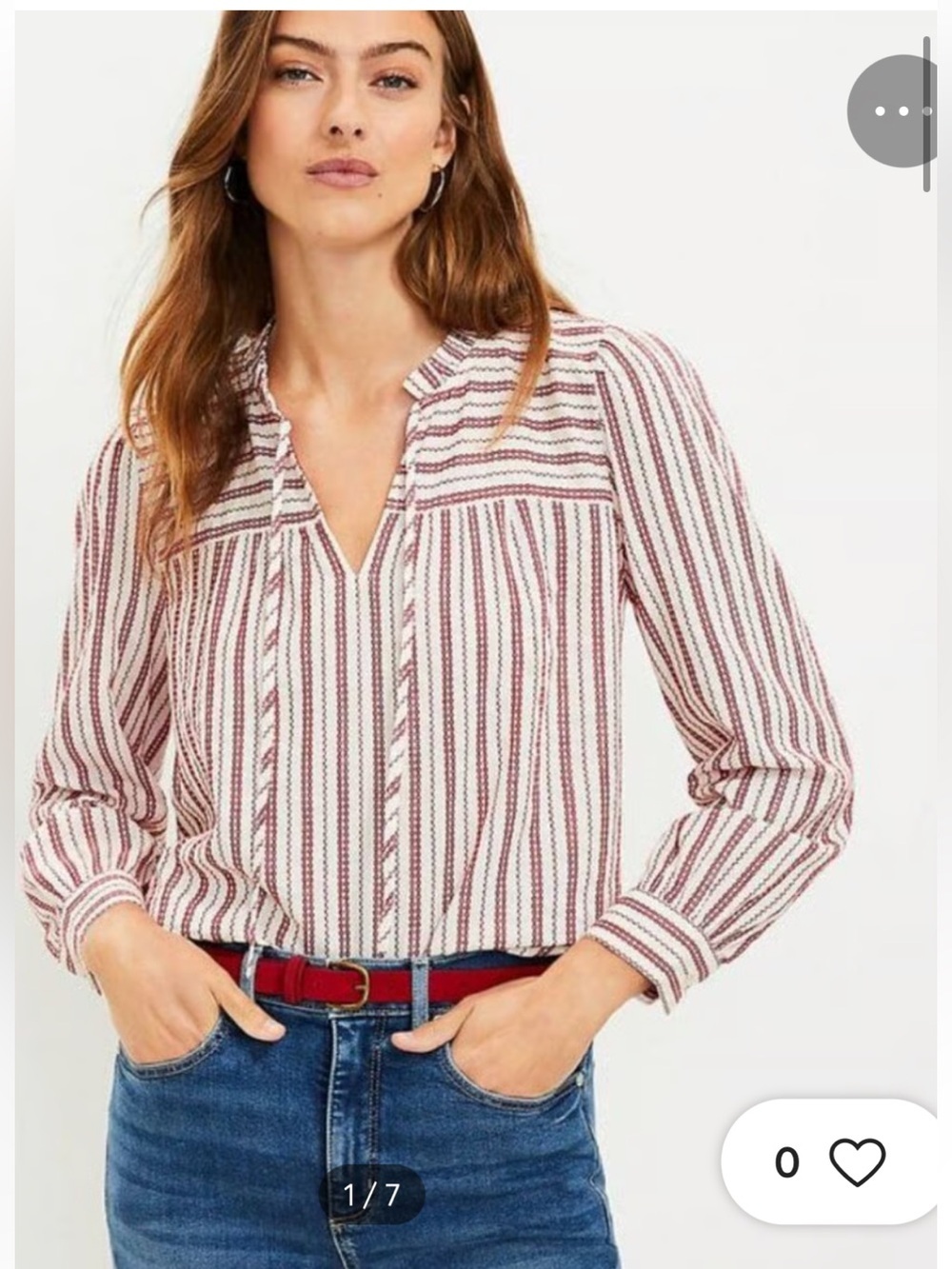 LOFT Striped Ruffle Tie V Neck Blouse Red White Nautical Cottage Size Small - NW